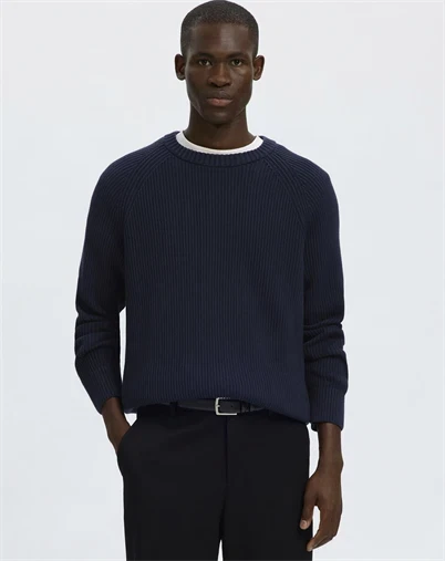 Selected - SLMBraun Rib Crew Strik - Navy Blazer